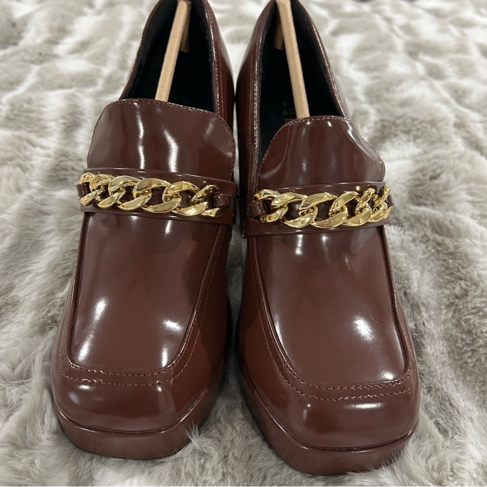 Glossy Brown Chunky Heel loafer with Gold Chain Detail